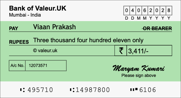 How to write a cheque for 3,411 rupees