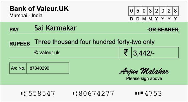 How to write a cheque for 3,442 rupees How to write a cheque for 3,442 rupees