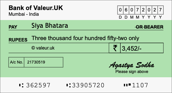 How to write a cheque for 3,452 rupees
