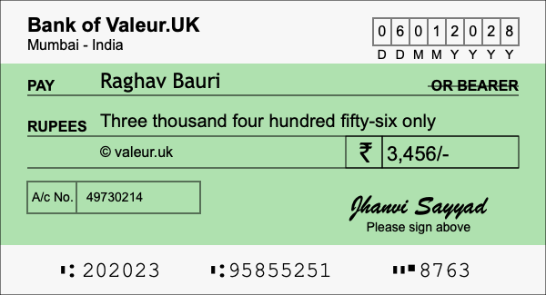 How to write a cheque for 3,456 rupees How to write a cheque for 3,456 rupees