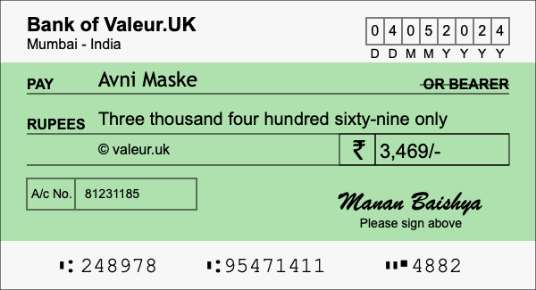 How to write a cheque for 3,469 rupees