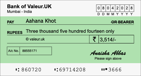 How to write a cheque for 3,514 rupees