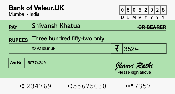 How to write a cheque for 352 rupees