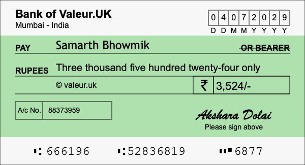 How to write a cheque for 3,524 rupees