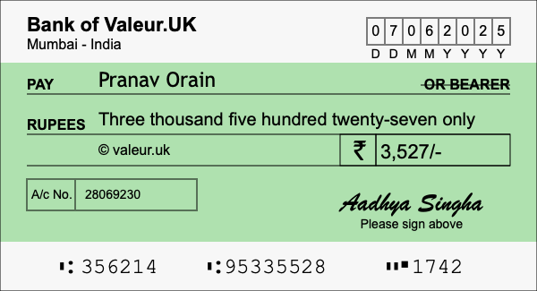 How to write a cheque for 3,527 rupees