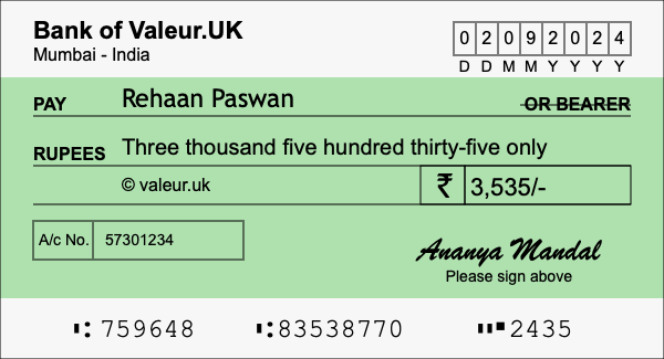 How to write a cheque for 3,535 rupees