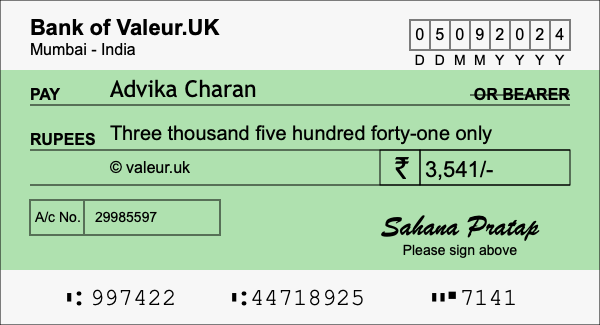 How to write a cheque for 3,541 rupees