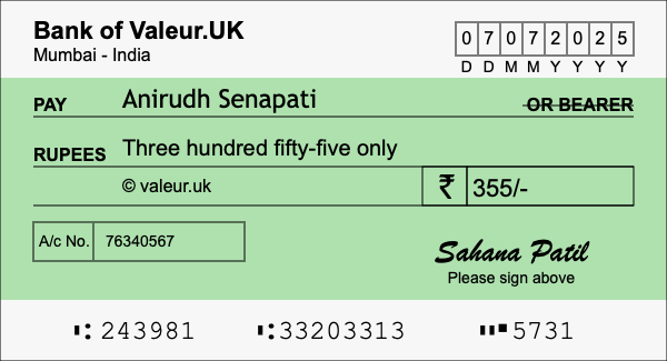 How to write a cheque for 355 rupees