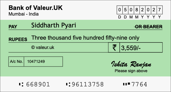 How to write a cheque for 3,559 rupees