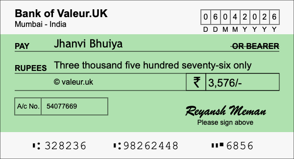 How to write a cheque for 3,576 rupees