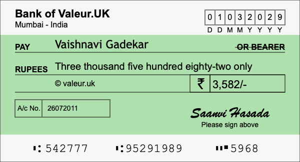 How to write a cheque for 3,582 rupees