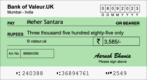 How to write a cheque for 3,585 rupees