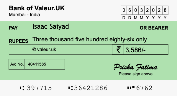 How to write a cheque for 3,586 rupees