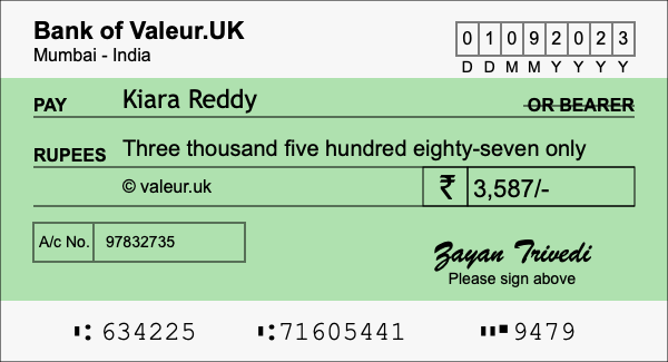 How to write a cheque for 3,587 rupees