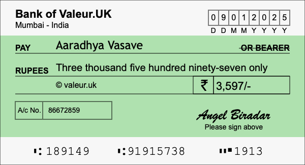 How to write a cheque for 3,597 rupees