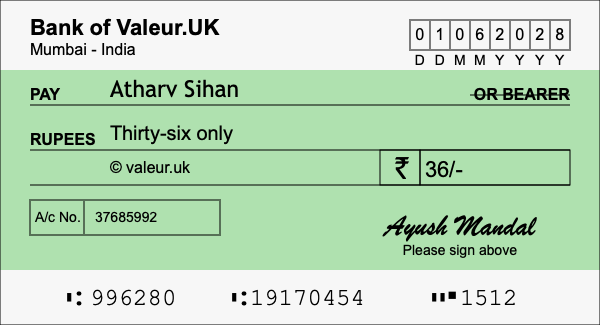 How to write a cheque for 36 rupees