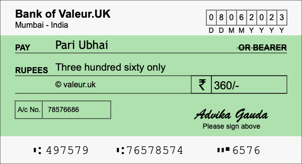 How to write a cheque for 360 rupees