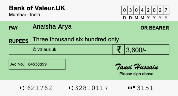 How to write a cheque for 3,600 rupees