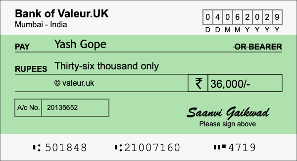 How to write a cheque for 36,000 rupees