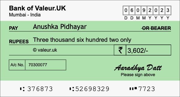 How to write a cheque for 3,602 rupees