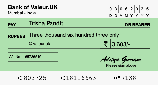 How to write a cheque for 3,603 rupees