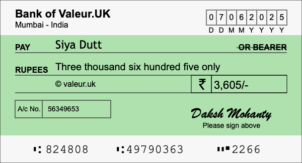 How to write a cheque for 3,605 rupees
