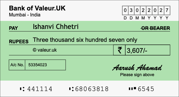 How to write a cheque for 3,607 rupees
