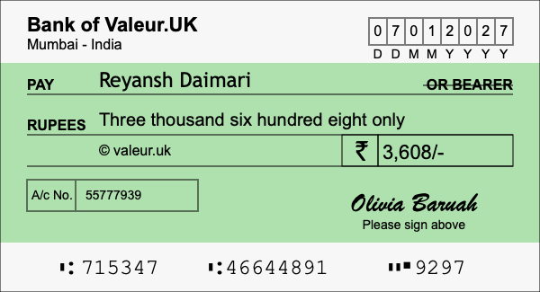 How to write a cheque for 3,608 rupees