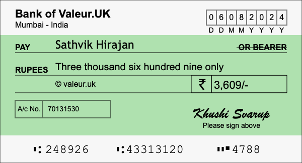 How to write a cheque for 3,609 rupees