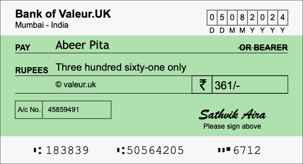 How to write a cheque for 361 rupees