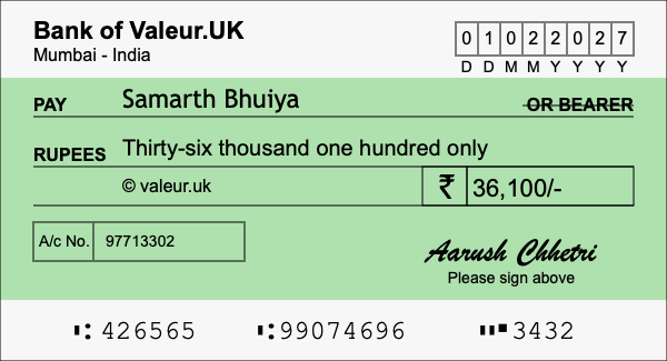 How to write a cheque for 36,100 rupees