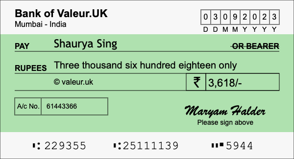 How to write a cheque for 3,618 rupees