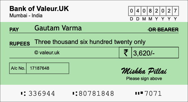 How to write a cheque for 3,620 rupees