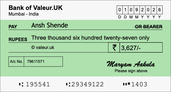 How to write a cheque for 3,627 rupees