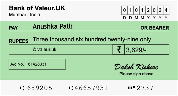 How to write a cheque for 3,629 rupees