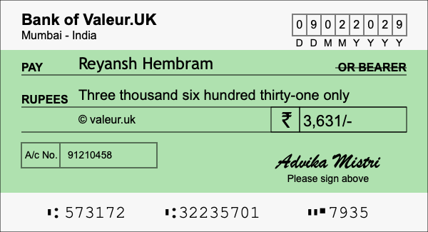How to write a cheque for 3,631 rupees