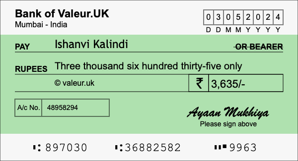 How to write a cheque for 3,635 rupees