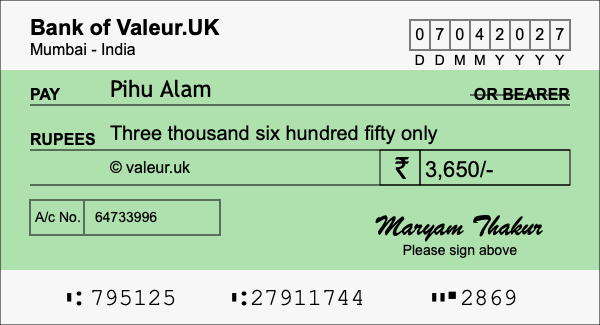 How to write a cheque for 3,650 rupees