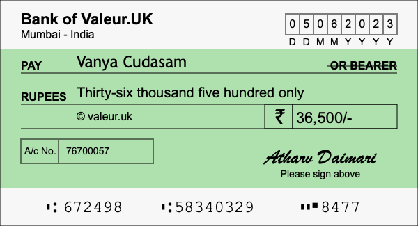 How to write a cheque for 36,500 rupees