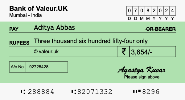 How to write a cheque for 3,654 rupees