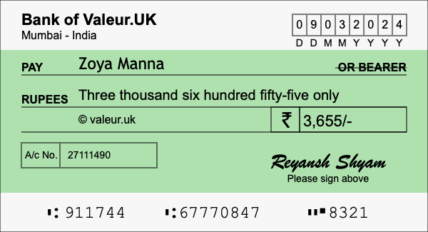 How to write a cheque for 3,655 rupees