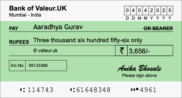 How to write a cheque for 3,656 rupees
