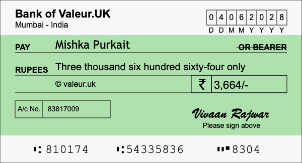 How to write a cheque for 3,664 rupees