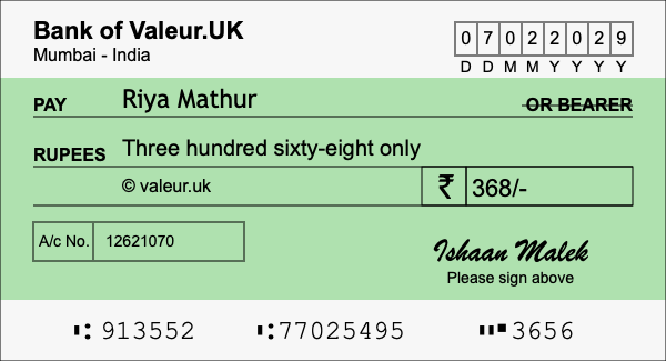 How to write a cheque for 368 rupees