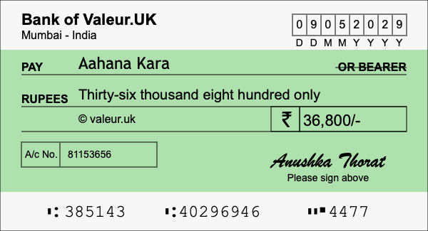 How to write a cheque for 36,800 rupees
