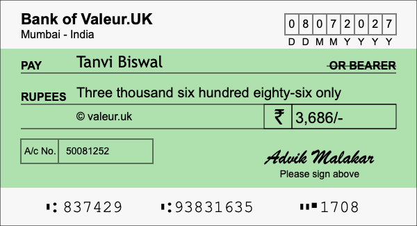 How to write a cheque for 3,686 rupees