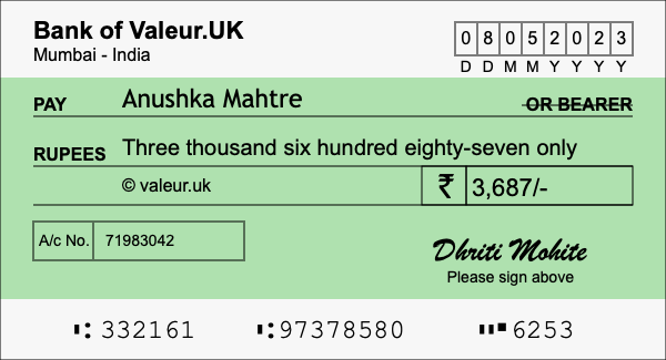 How to write a cheque for 3,687 rupees How to write a cheque for 3,687 rupees