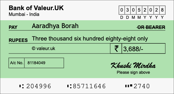 How to write a cheque for 3,688 rupees How to write a cheque for 3,688 rupees