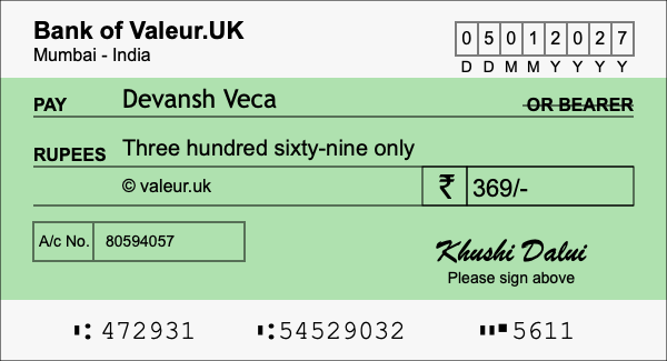 How to write a cheque for 369 rupees