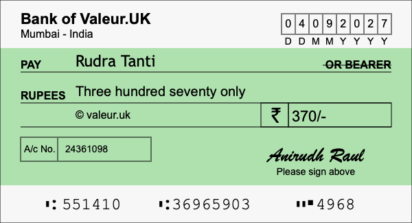 How to write a cheque for 370 rupees